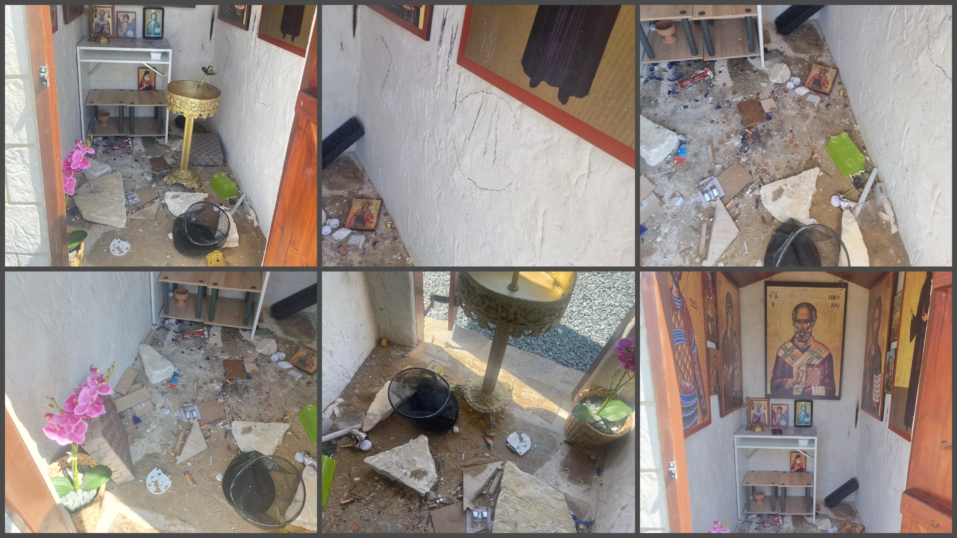 ΦΩΤΟ: Πέταξαν τις εικόνες κι έγραψαν μαύρα συνθήματα σε προσκυνητάρι στη Χλώρακα