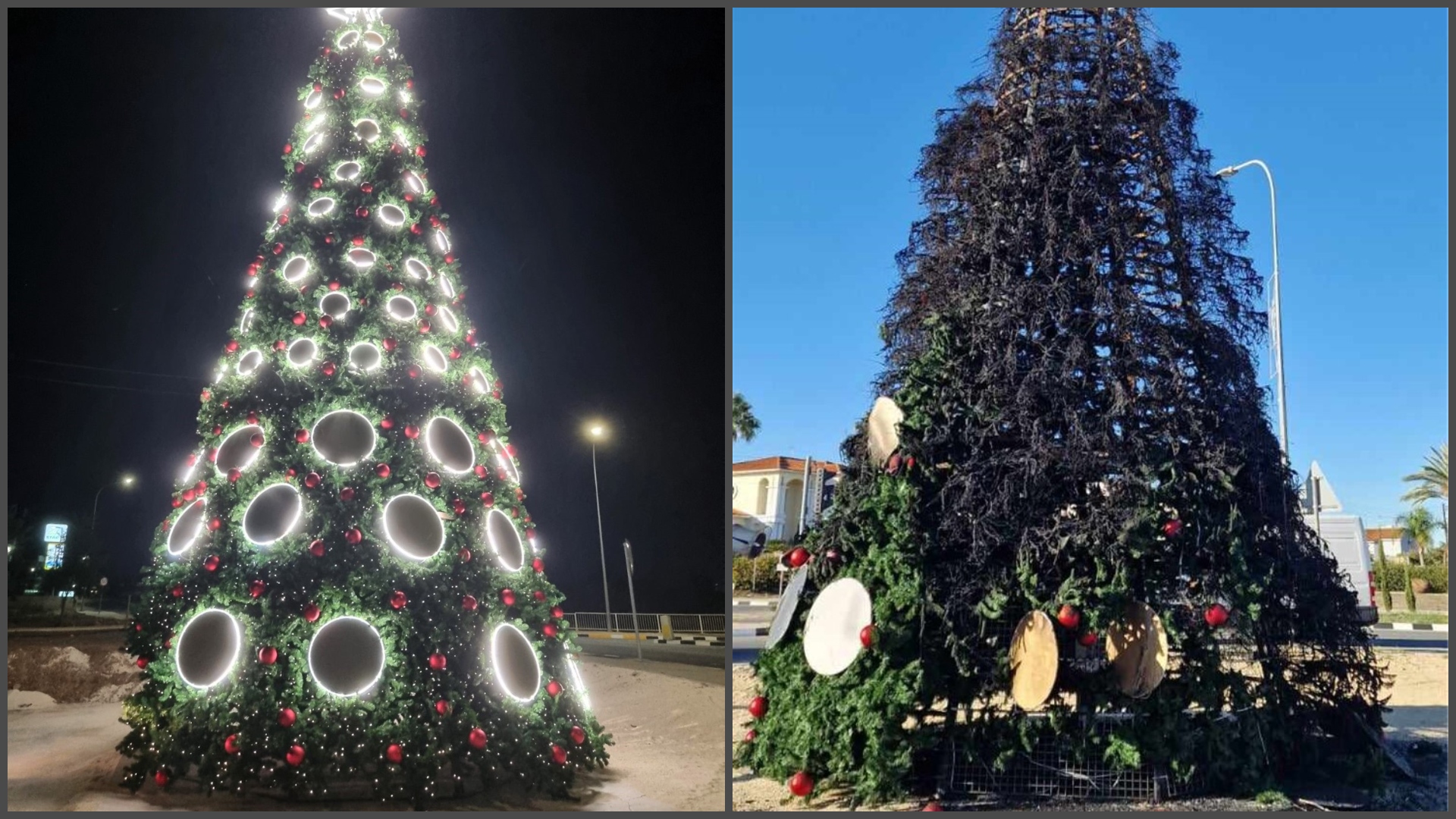 «Ακατανόητη μανία»: Νυχτοβάτες πυρπόλησαν χριστουγεννιάτικο δέντρο στη Λακατάμια
