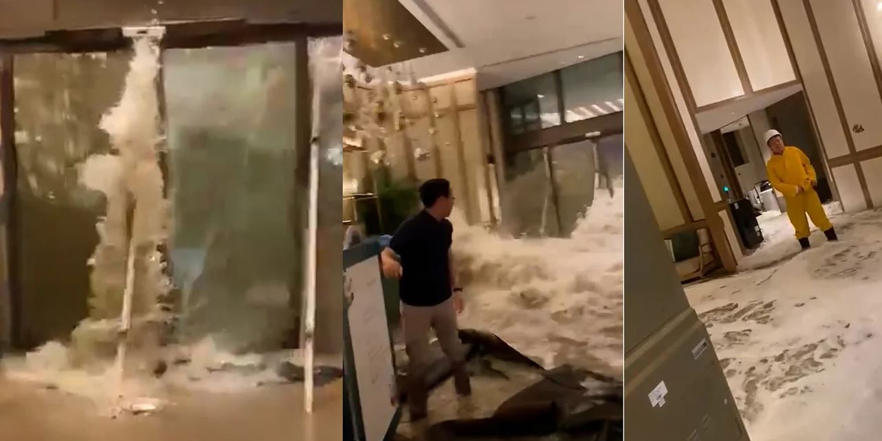 Υπερτυφώνας πλήττει το Χονγκ Κονγκ: Η στιγμή που τεράστιο τείχος νερού διαλύει ρεσεψιόν ξενοδοχείου